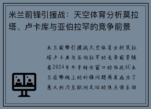 米兰前锋引援战：天空体育分析莫拉塔、卢卡库与亚伯拉罕的竞争前景