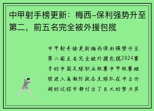 中甲射手榜更新：梅西-保利强势升至第二，前五名完全被外援包揽