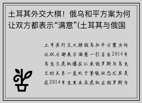 土耳其外交大棋！俄乌和平方案为何让双方都表示“满意”(土耳其与俄国交战史)