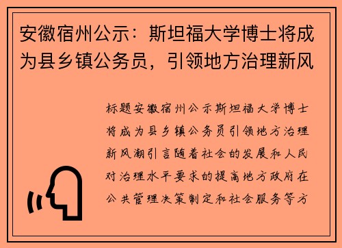 安徽宿州公示：斯坦福大学博士将成为县乡镇公务员，引领地方治理新风潮