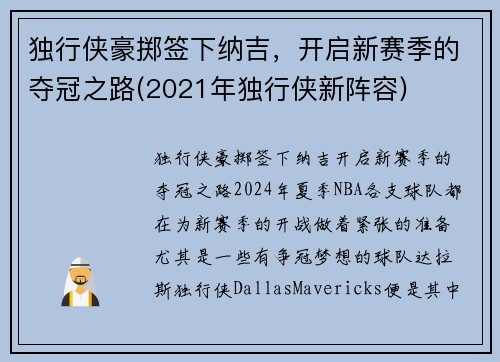 独行侠豪掷签下纳吉，开启新赛季的夺冠之路(2021年独行侠新阵容)